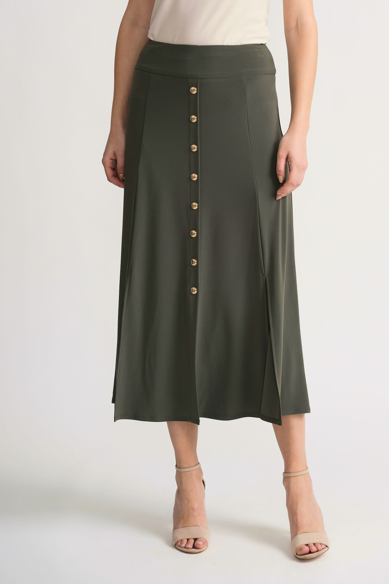 Avocado Swing Skirt with Gold Buttons-Size 4 only | Everard's Clothing