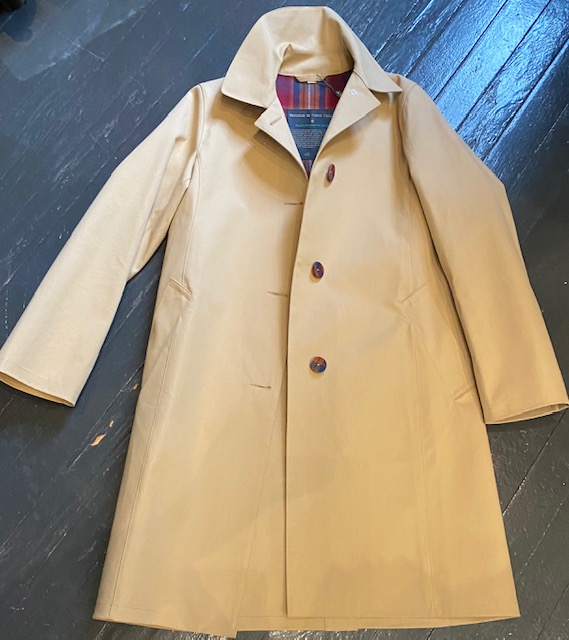 Mackintosh Camel Raincoat with Plaid Buttons