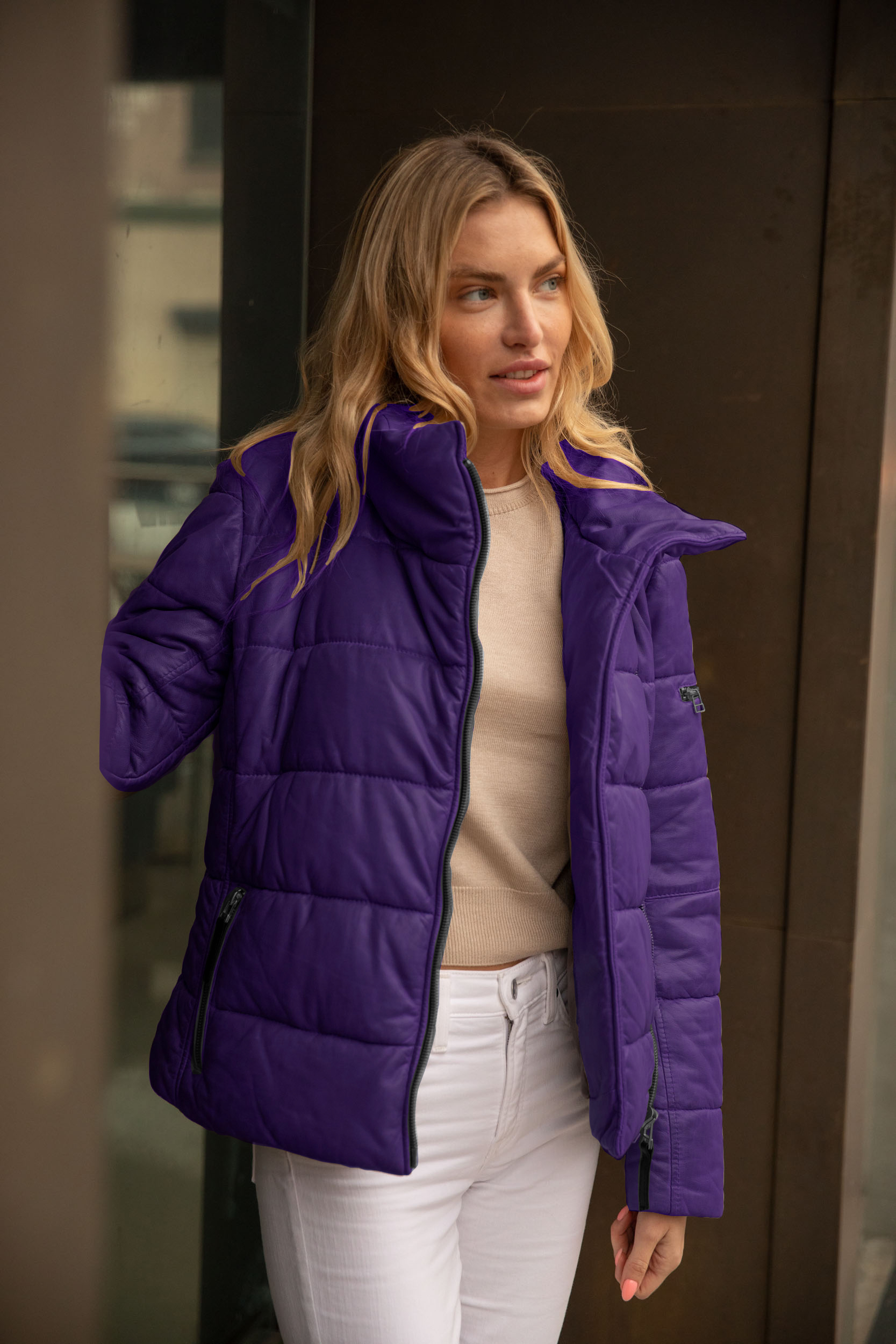 Rena Leather Puffer Jacket Purple-Size M only