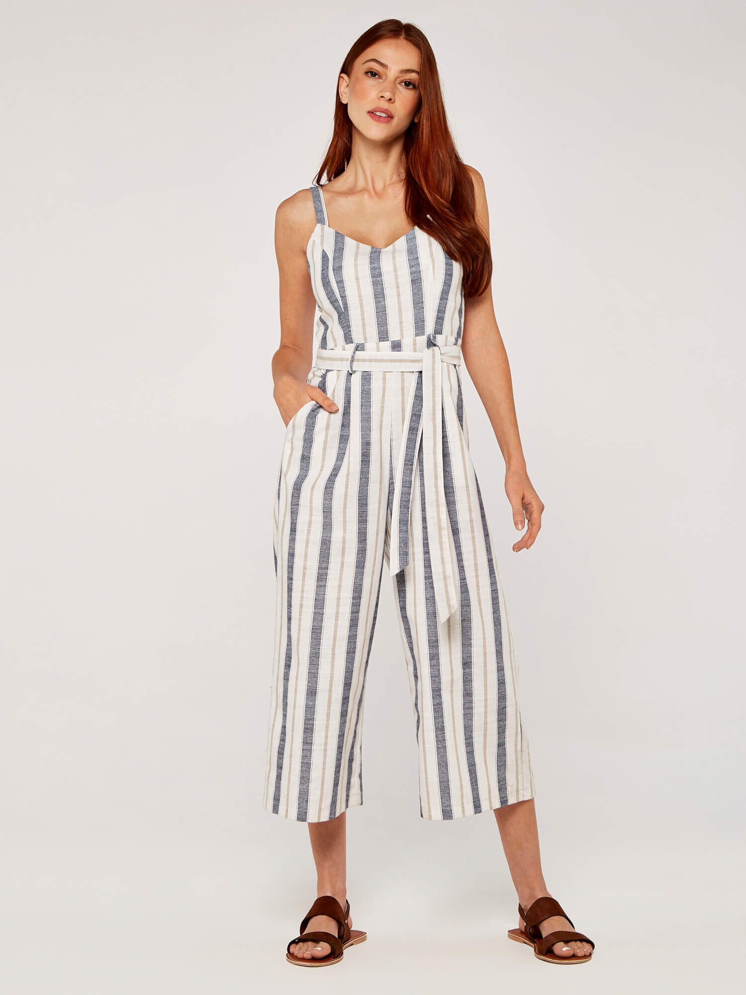 White/Navy Stripe Belted Jumpsuit | Everard's Clothing