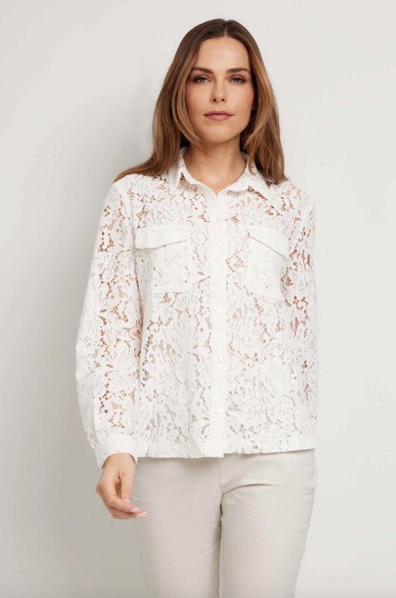 Estella Stretch Lace Button Up Top Off White | Everard's